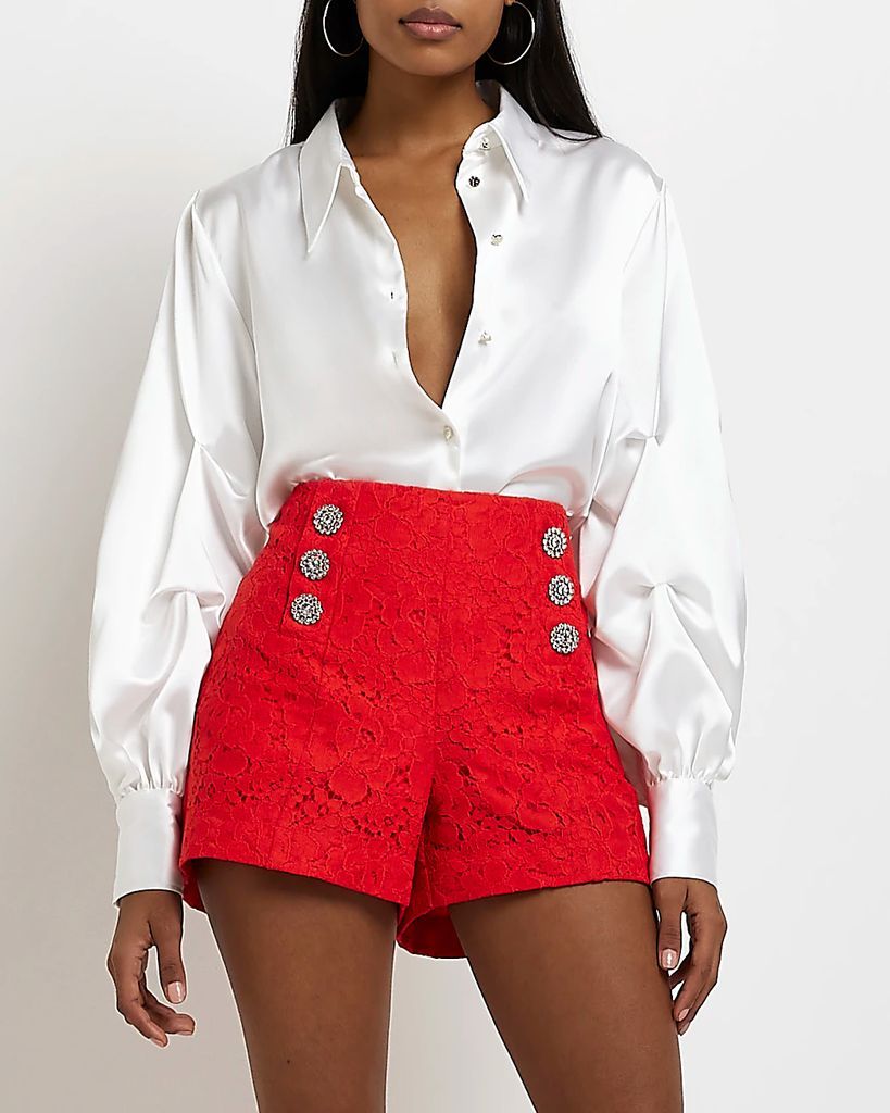 Womens Red Lace Button Shorts
