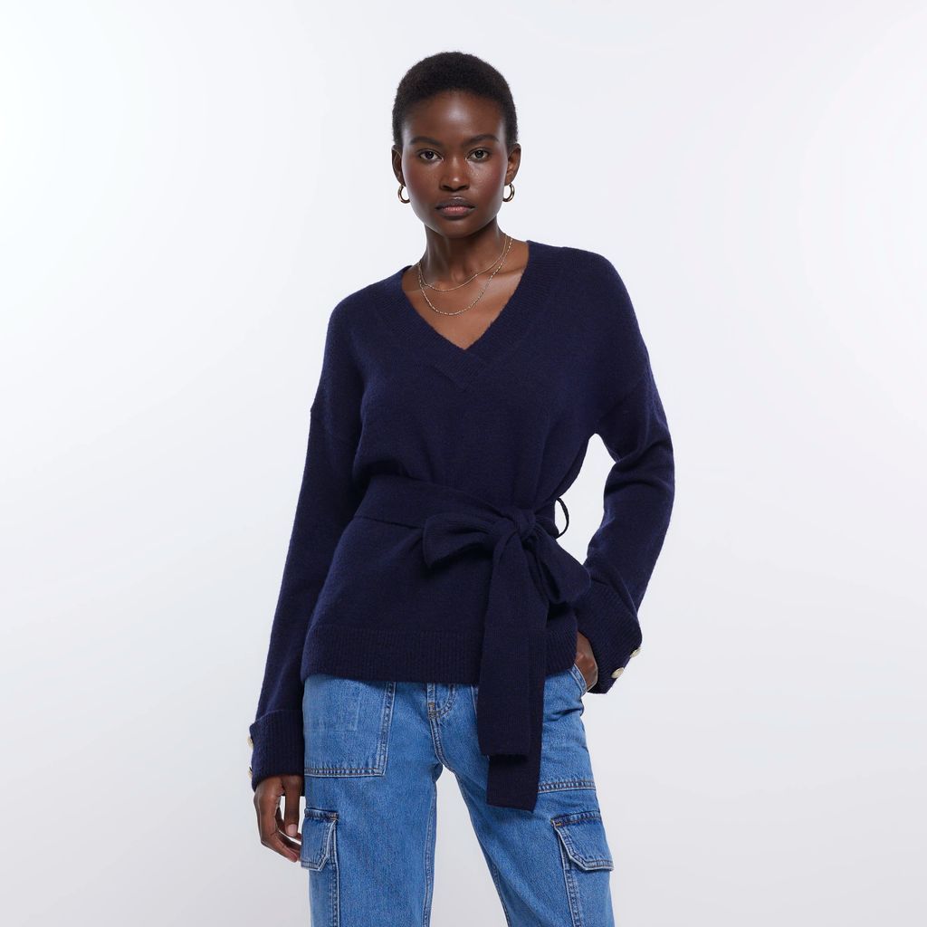 River Island Womens Navy Knit Belted Jumper