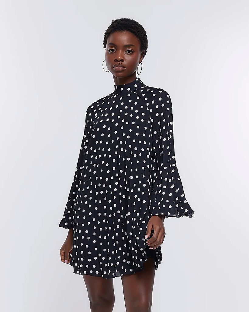 Womens Black Spot Pleated Mini Dress