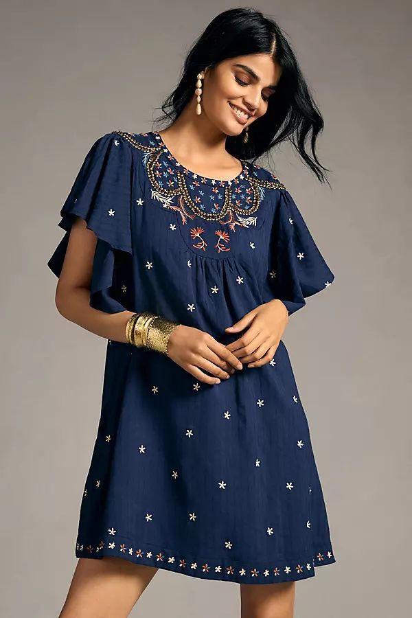 By Anthropologie Crewneck Embroidered Tunic Dress
