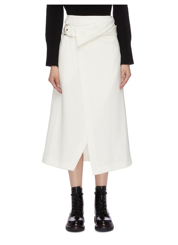 Belted foldover waist asymmetric gabardine wrap midi skirt