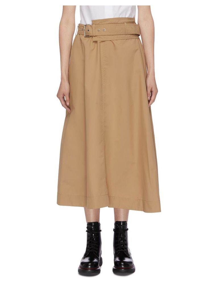 Belted split hem asymmetric poplin skirt