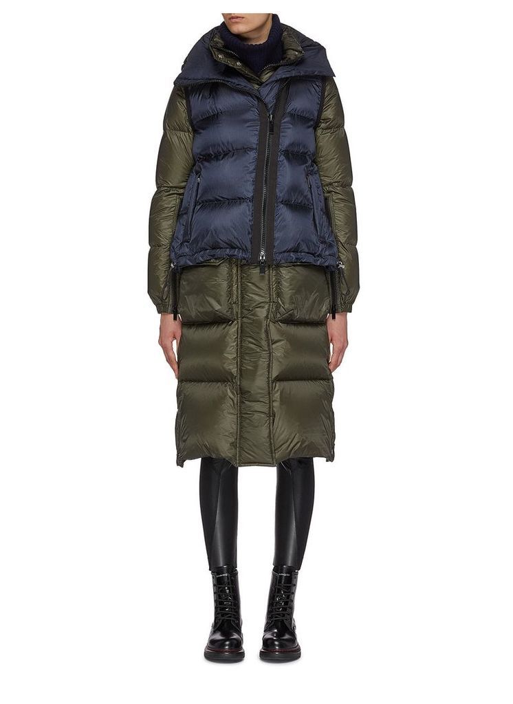 Layered colourblock vest panel hooded down puffer coat