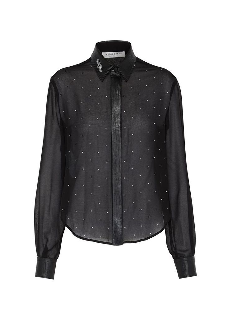 Faux leather collar strass front georgette shirt