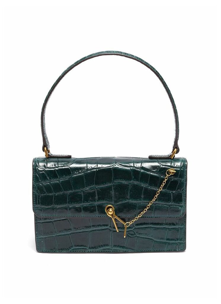 'Jackie' linked chain embellished croc-embossed leather baguette bag