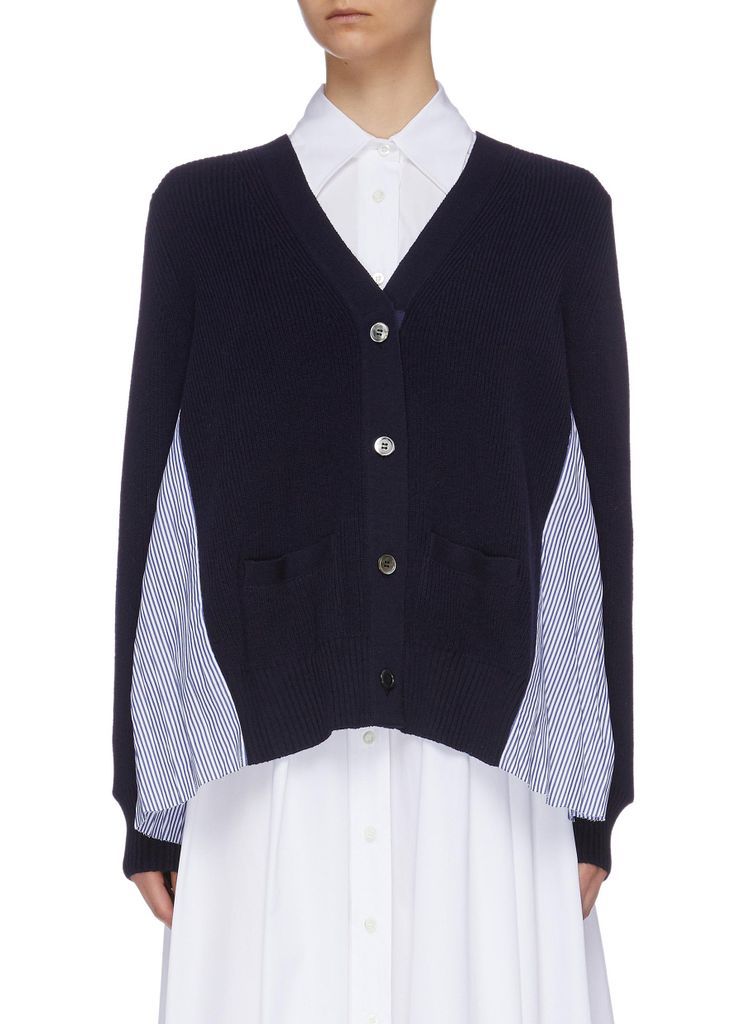 Pleated stripe shirt back wool cardigan