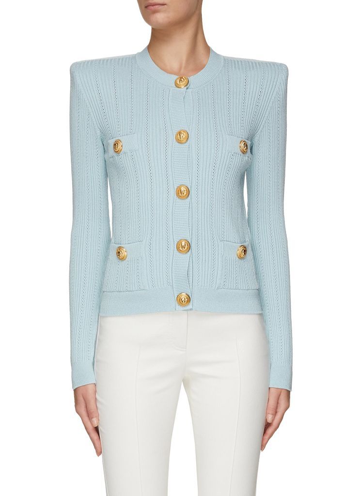 PADDED SHOULDER BUTTON FRONT KNITTED CARDIGAN
