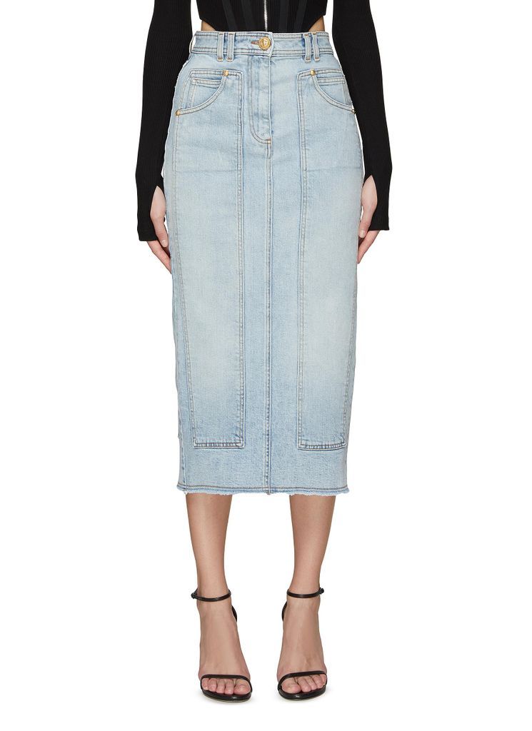 FRAYED HEM HIGH WAIST DENIM MIDI PENCIL SKIRT