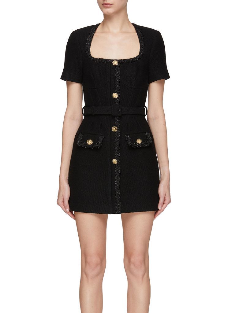 SQUARE NECK BELTED WOOL MINI DRESS