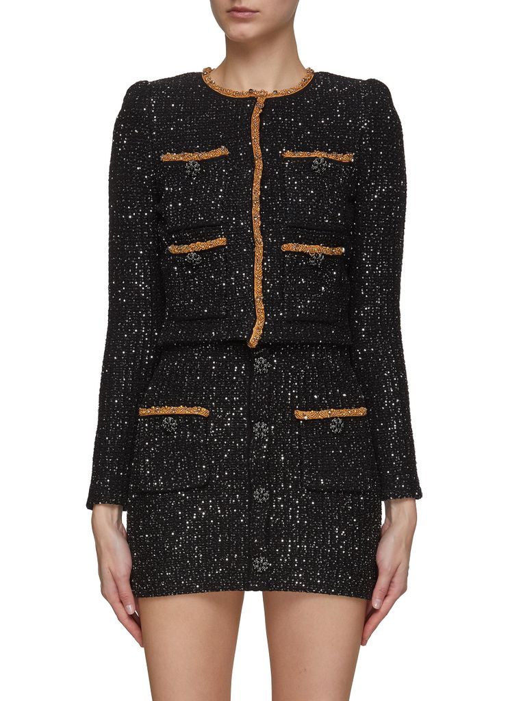 SEQUIN CRYSTAL BEAD EMBELLISHED KNIT CROPPED CARDIGAN