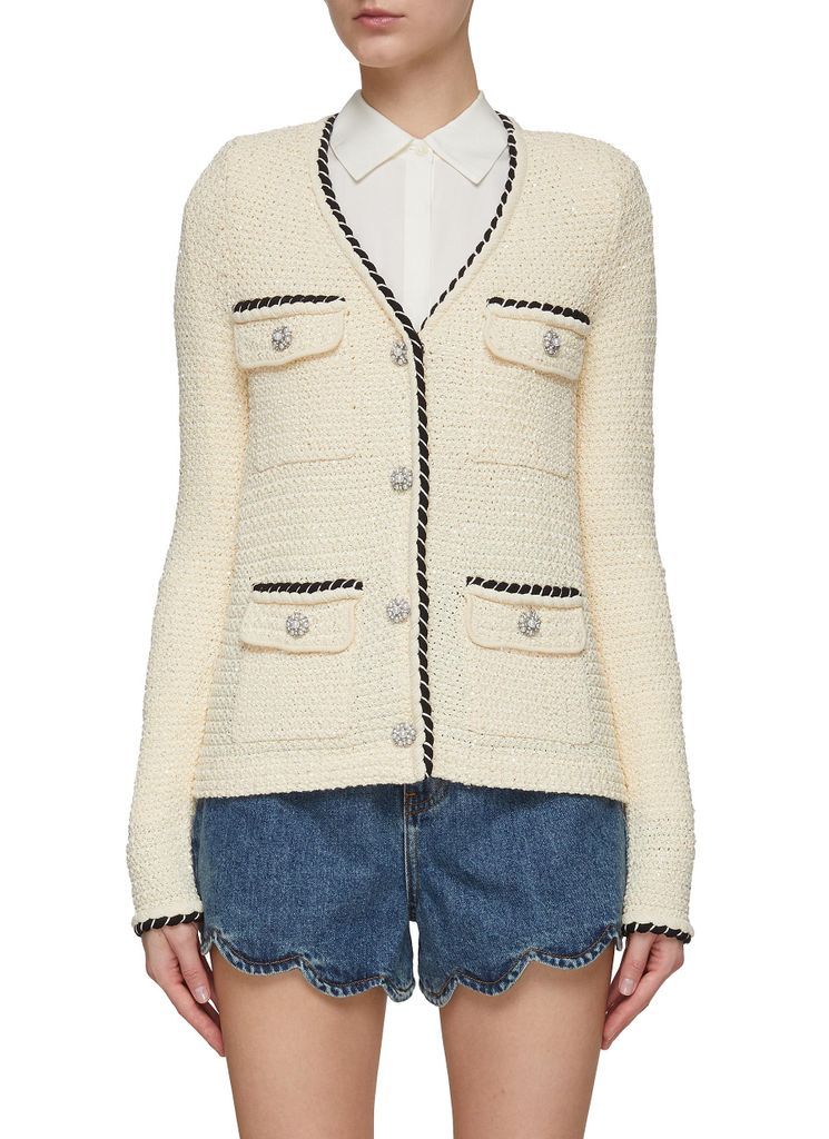 SEQUIN CRYSTAL FAUX PEARL EMBELLISHED KNIT CARDIGAN