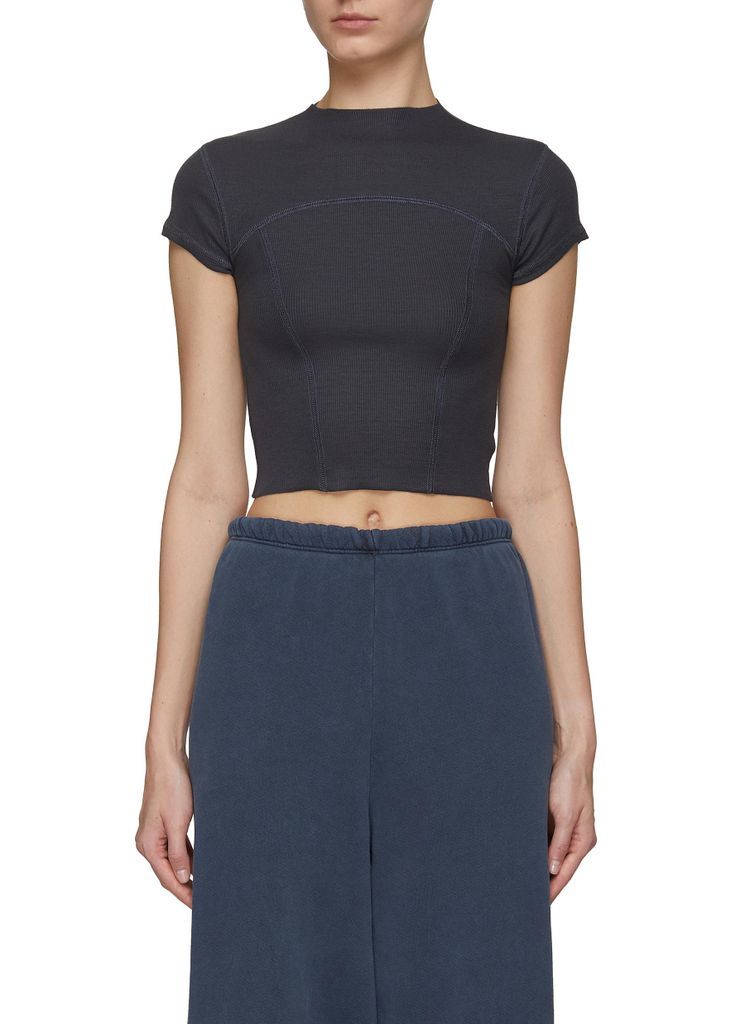 CONTRAST STITCHING CROPPED RIBBED T-SHIRT