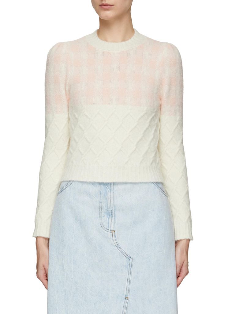 GINGHAM INTARSIA PUFF SHOULDER KNIT SWEATER