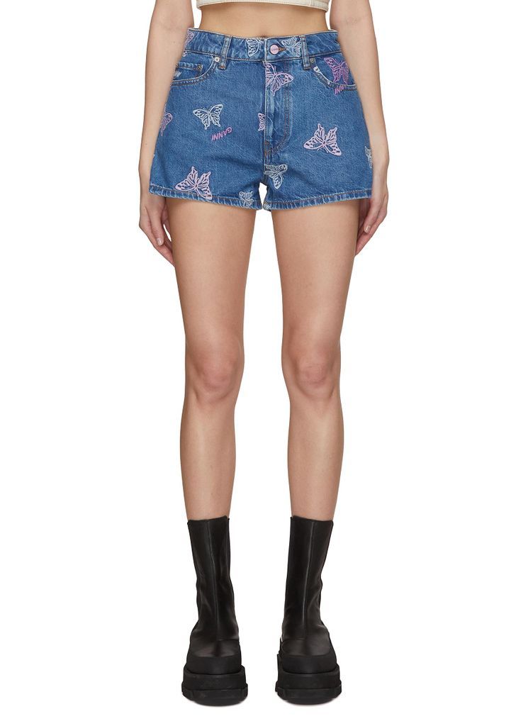 Butterfly Embroidery Washed Denim Hotpants