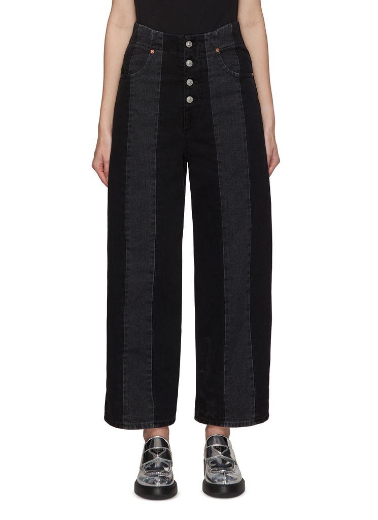 EXPOSED BUTTON FLY CONTRAST PANEL HIGH RISE WIDE LEG JEANS