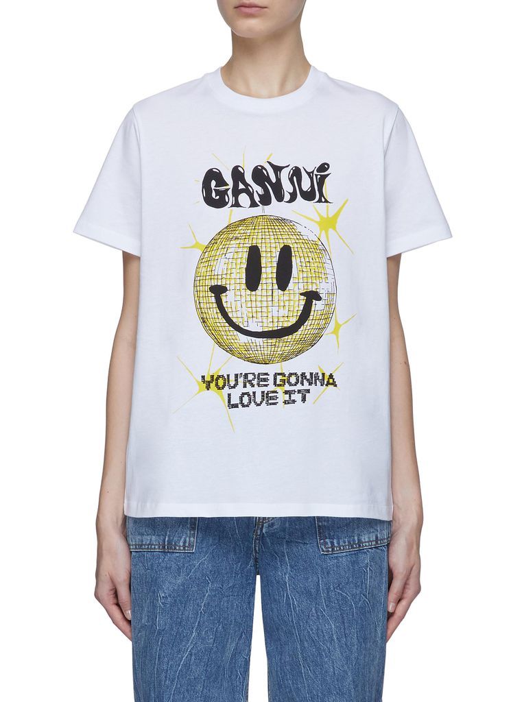 Smiley Face Print Cotton Loose Fit Crewneck T-Shirt