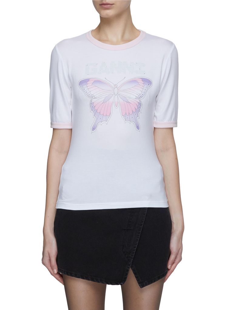 Stone Embellished Butterfly Print Crewneck T-Shirt