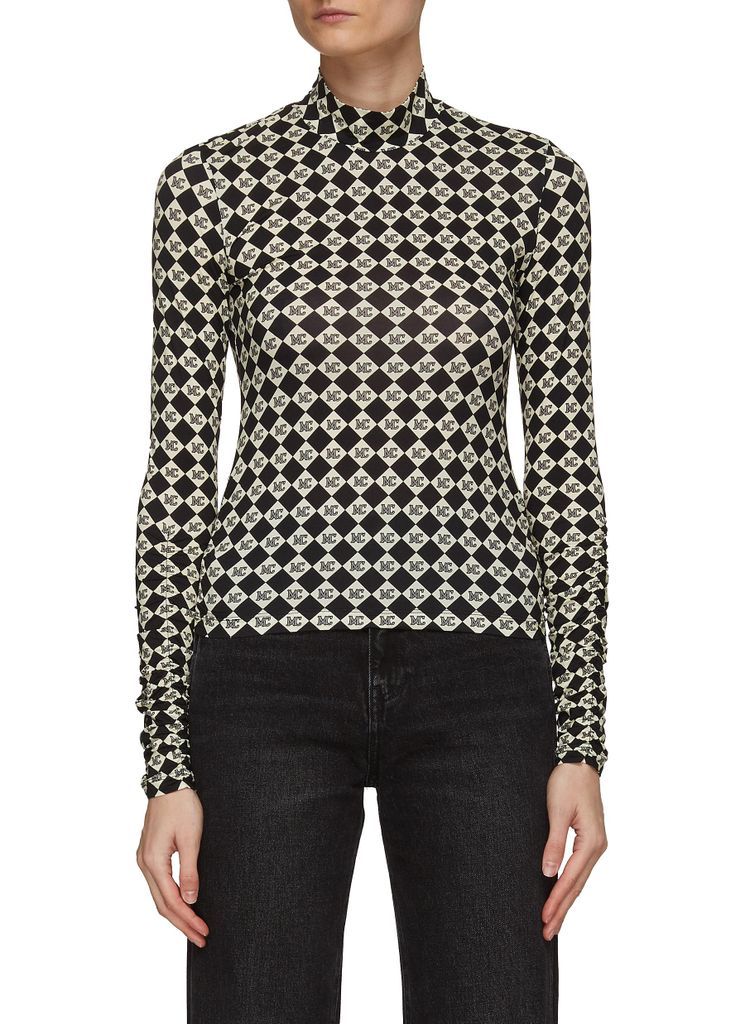 ALL OVER MONOGRAM PRINT LONG SLEEVE TURTLENECK CHEQUERED TOP