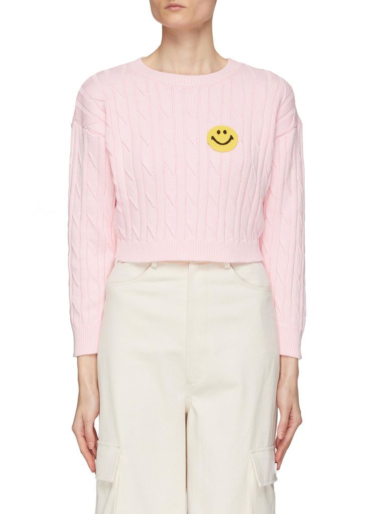 Crocheted Smiley Face Cotton Knit Cropped Sweater