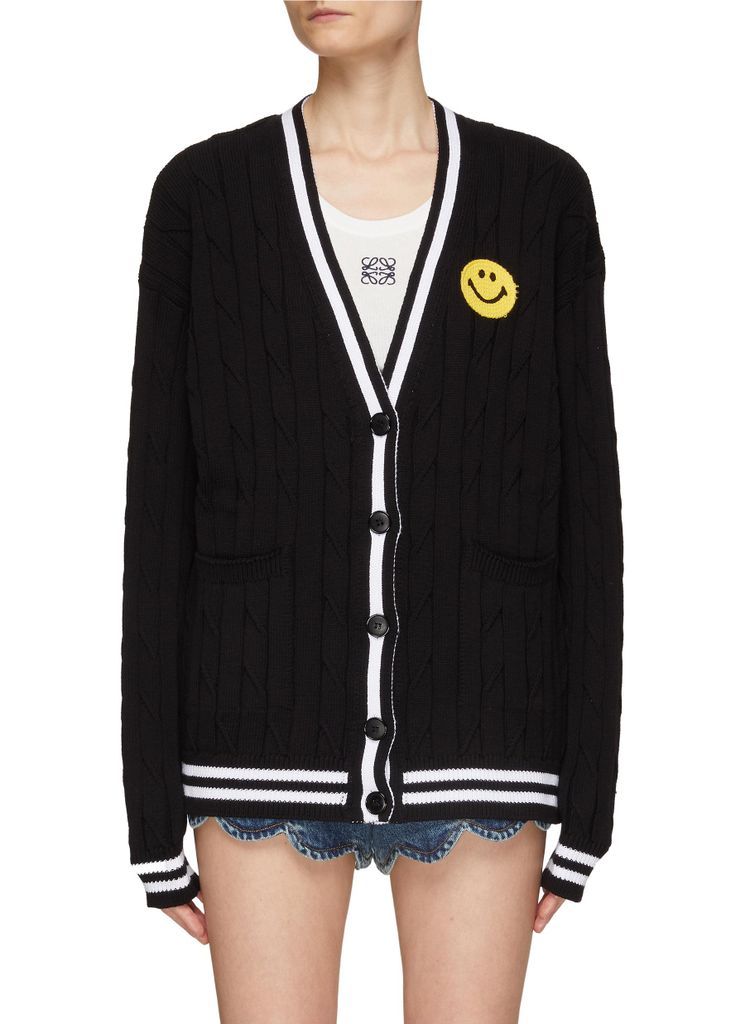 Crocheted Smiley Face Striped Trim Cotton Knit Cardigan