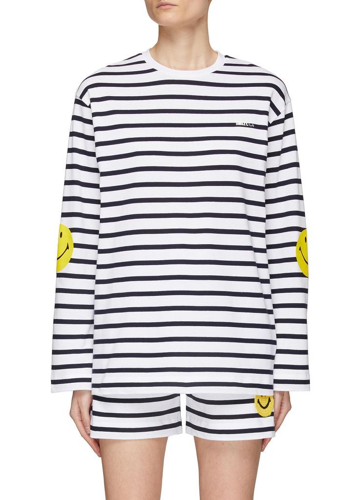 Smiley Face Print Striped Cotton Long Sleeve T-Shirt