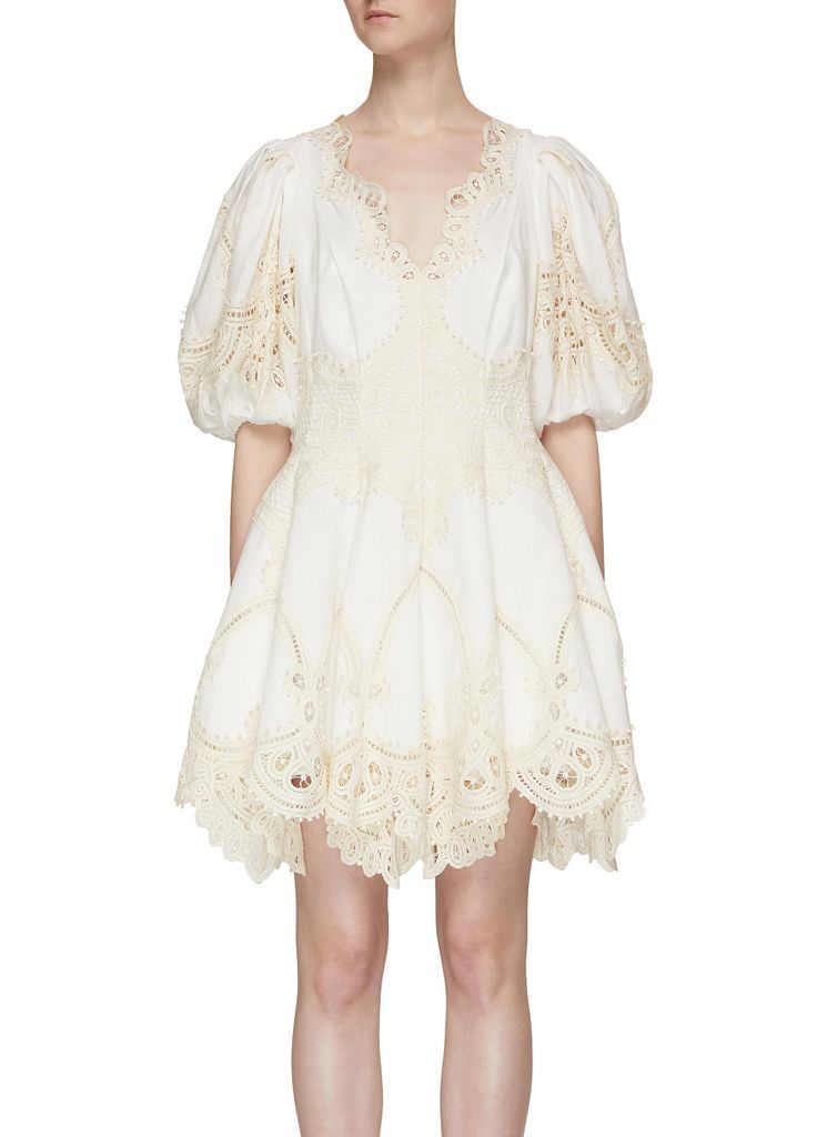 Lace Embellished Puff Sleeve Mini Dress