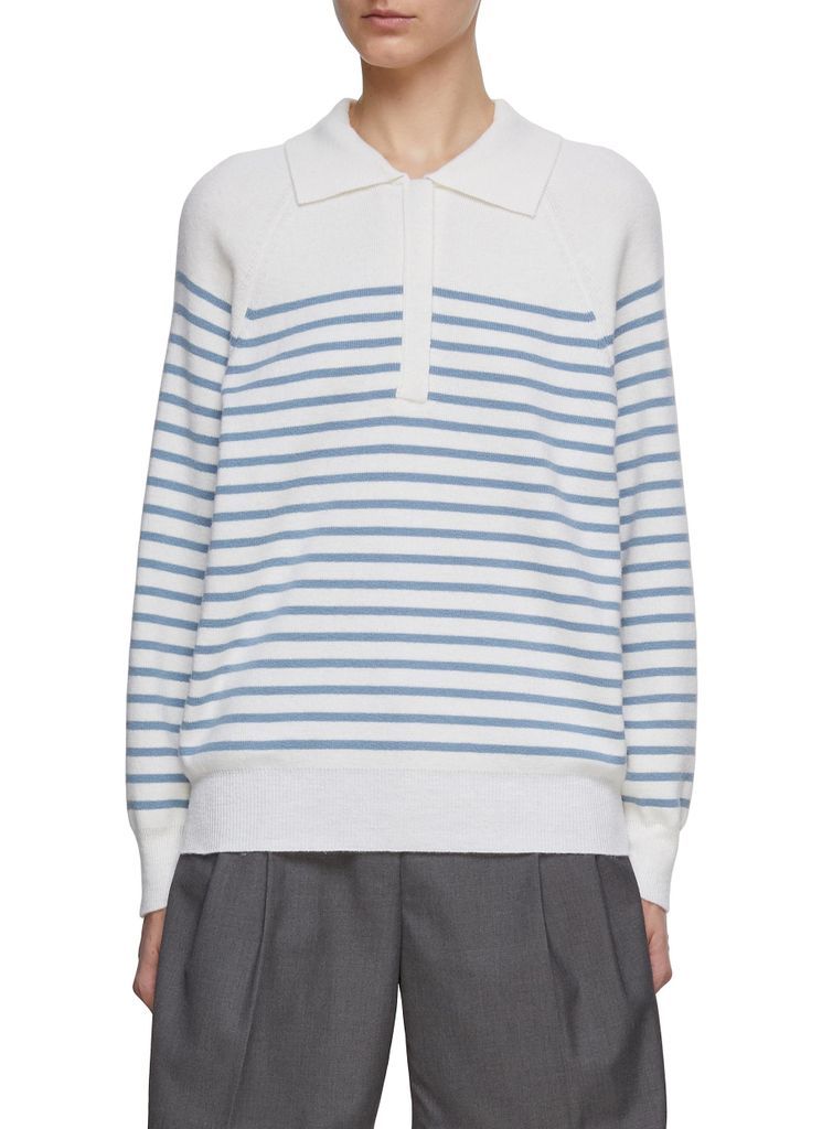 Long Sleeve Striped Cashmere Knit Polo Sweater