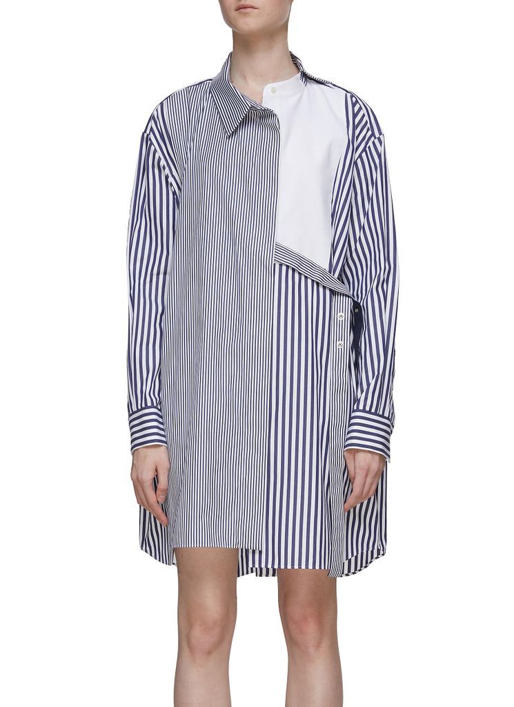 Belted Asymmetric Striped Panel Long Sleeve Shirt Dress