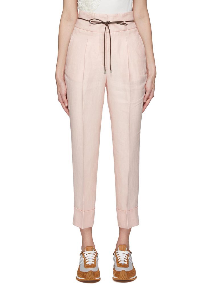 Drawstring Waist Pressed-Crease Cuffed Linen Pants