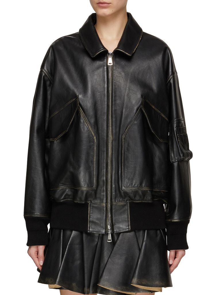 Flap Patch Pocket Front Zip Leather Cocoon Jacket