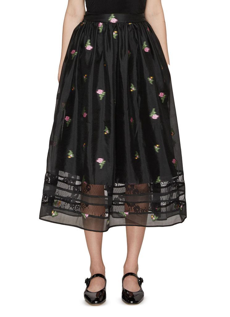 Floral Embroidery Lace Stripe Midi Skirt