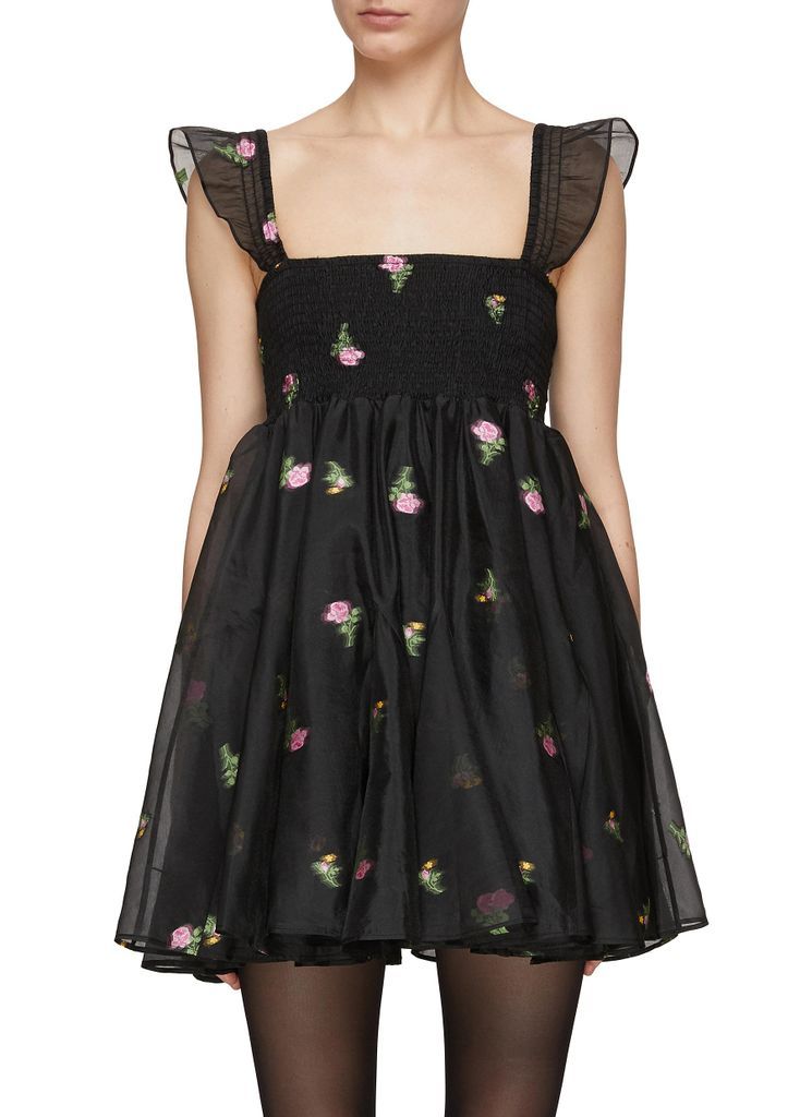 Floral Embroidery Ruffled Cap Sleeve Dress