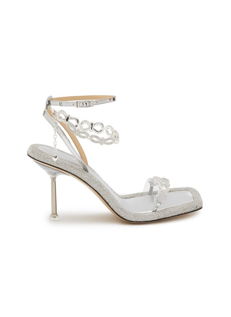 95 Crystal Embellished Mini Bow Motif Ankle Strap Leather Heeled Sandals