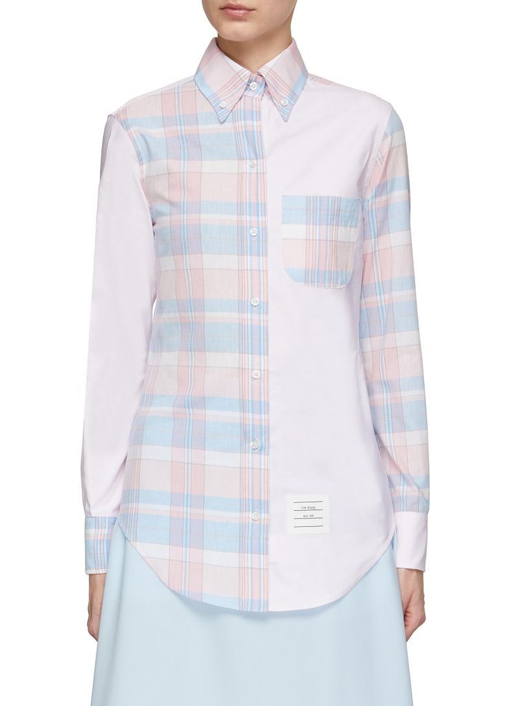 Fun-Mix Plaid Curved Hem Madras Cotton Button Up Shirt