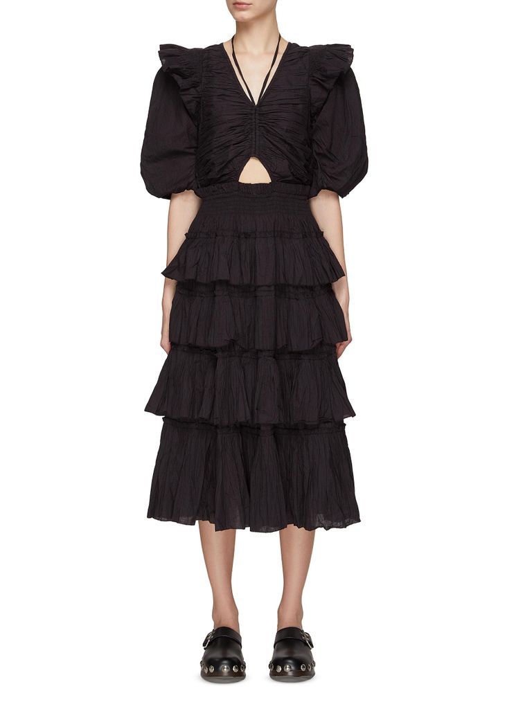 ‘PACO' V-NECK CUTOUT PUFF SLEEVE TIERED DRESS