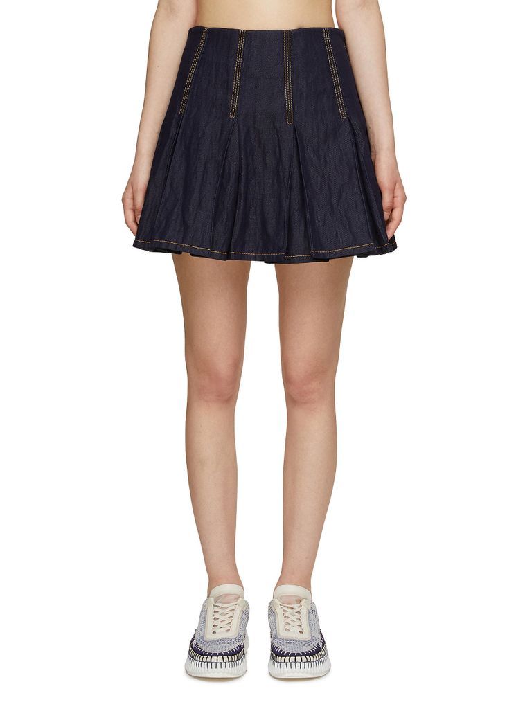 Pleated Crinkled Denim Mini Skirt