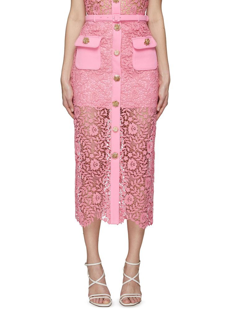 Crystal Embellished Rose Guipure Lace Midi Skirt