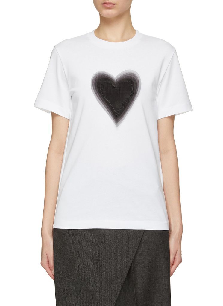 Heart Print Logo Embroidery Crewneck T-Shirt