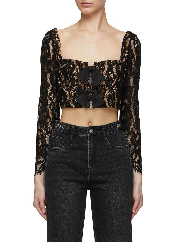 Long Sleeve Heart Neck Cord Lace Cropped Top