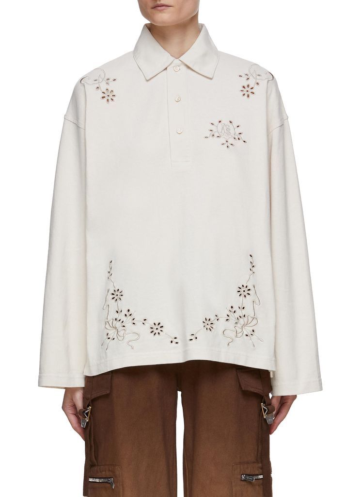 Broderie Anglaise Button Up Polo Shirt