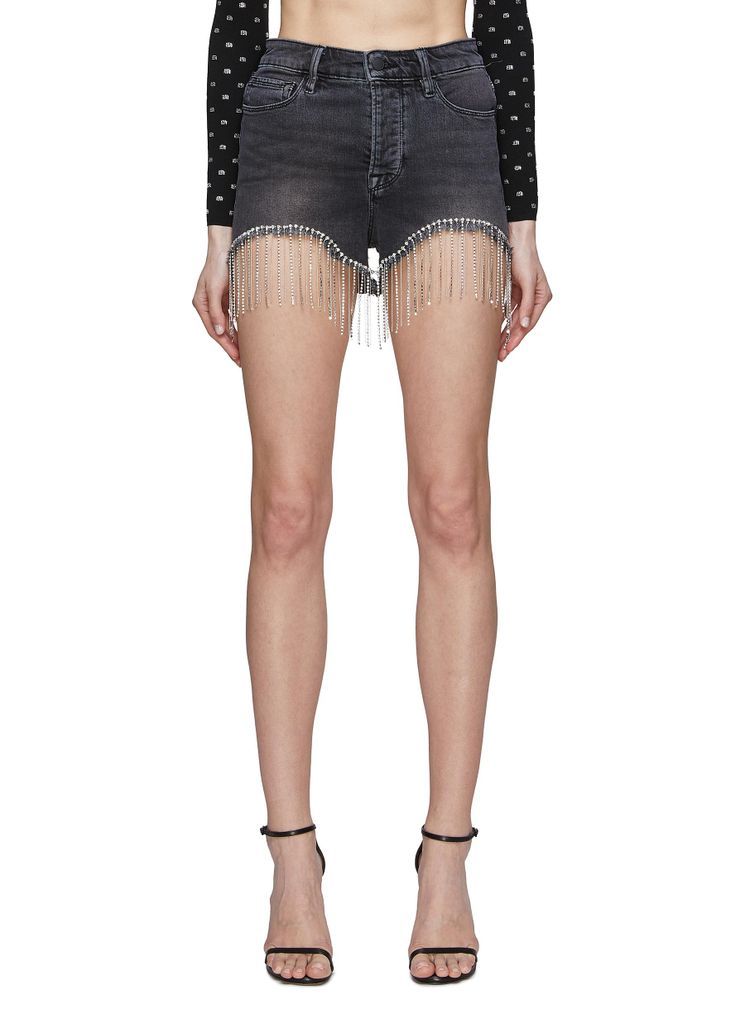 Crystal Embellished Asymmetric Hem Denim Shorts