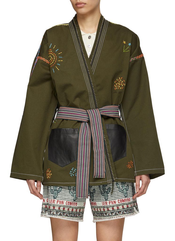 ‘Le Voyageur' Stitched Graphic Belted Kimono