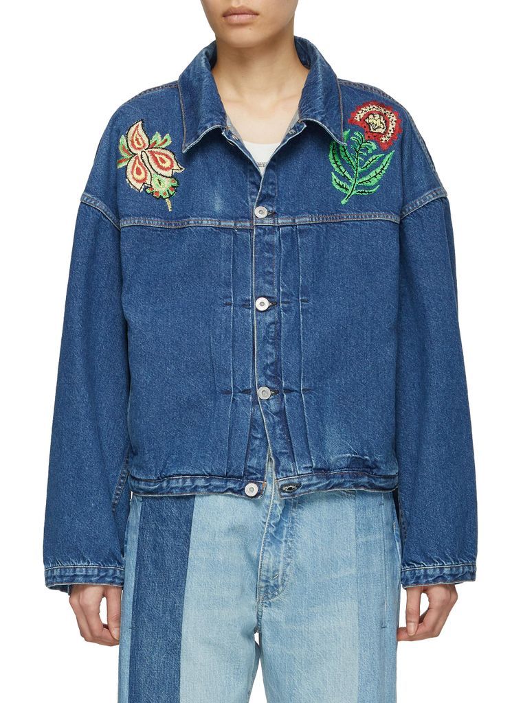 Flower Embroidery Button Up Denim Jacket