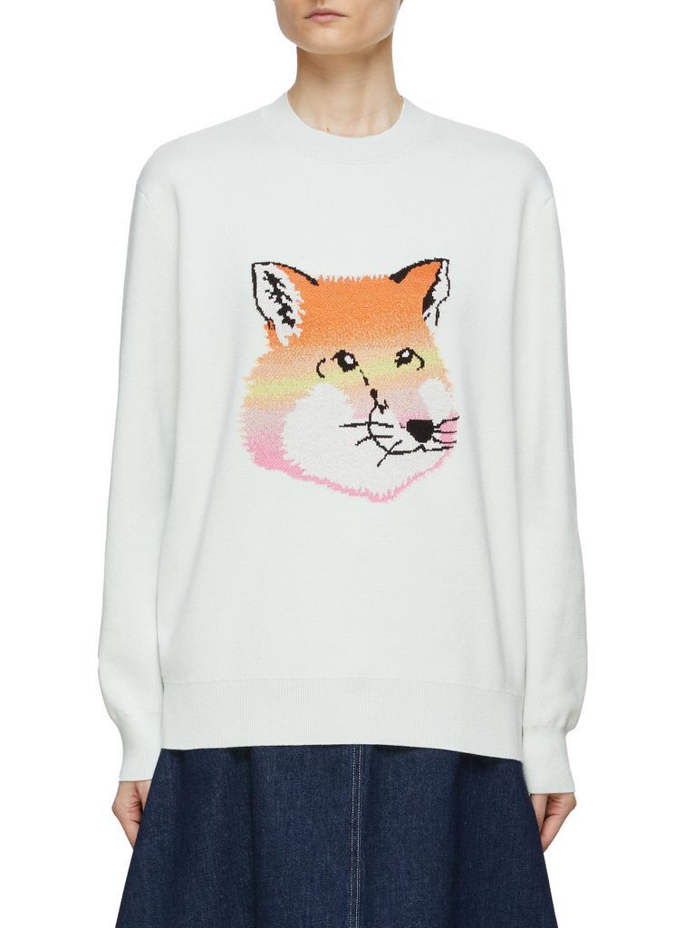 Vibrant Fox Head Intarsia Cotton Crewneck Sweater