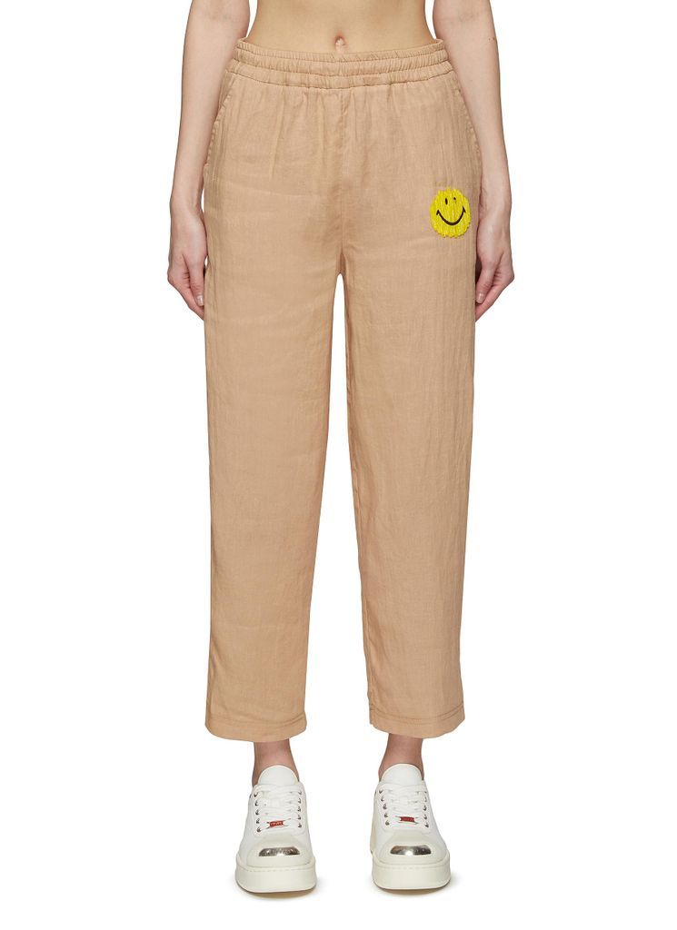 Smiley Face Appliqué Elasticated Waist Linen Pants