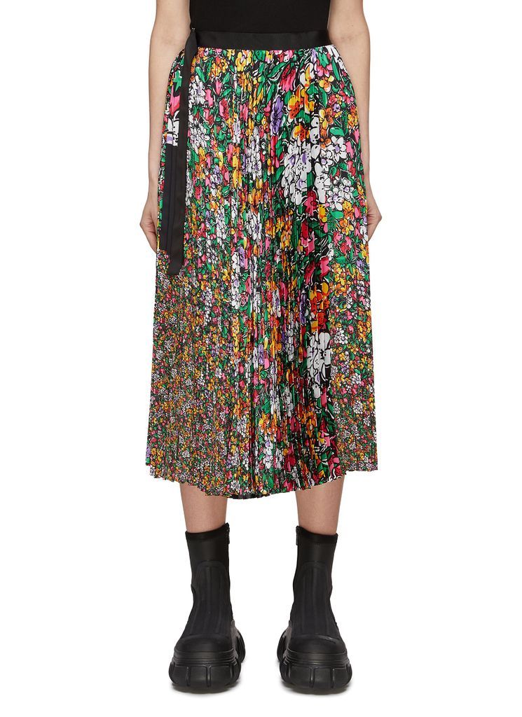 Pleated Floral Print Elastic Waist Midi Skirt