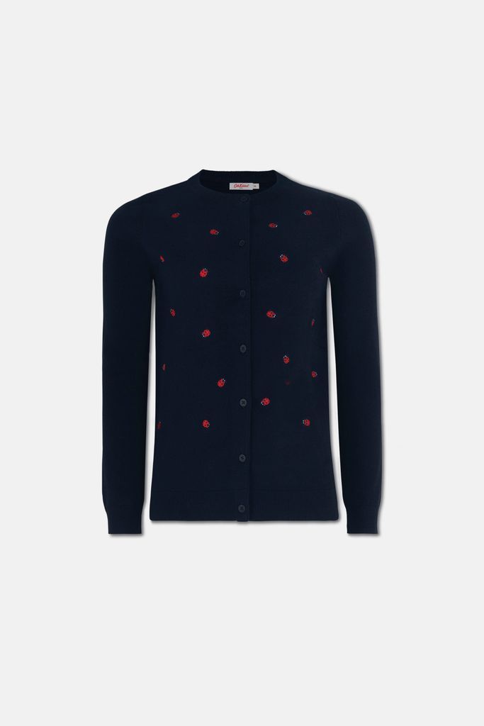 Ladybird Embroidered Cardigan in Dark Navy, 100% Cotton, XS