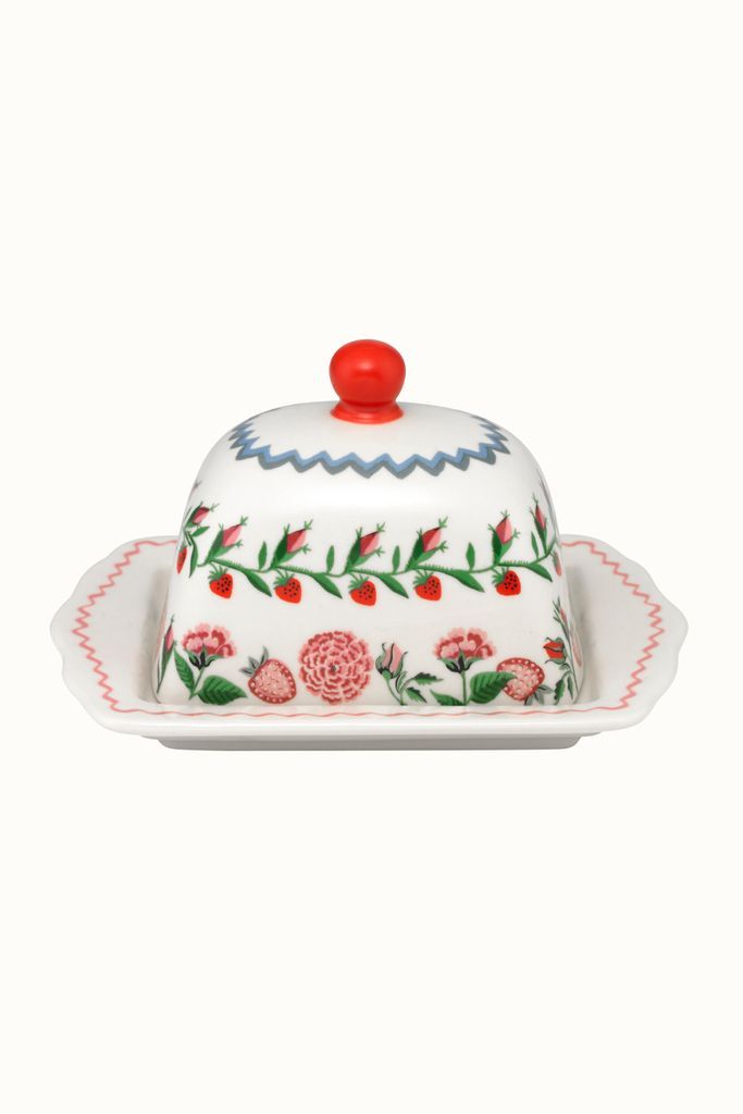 Strawberry Garden Butter Dish with Lid in Cream Pink, Stoneware