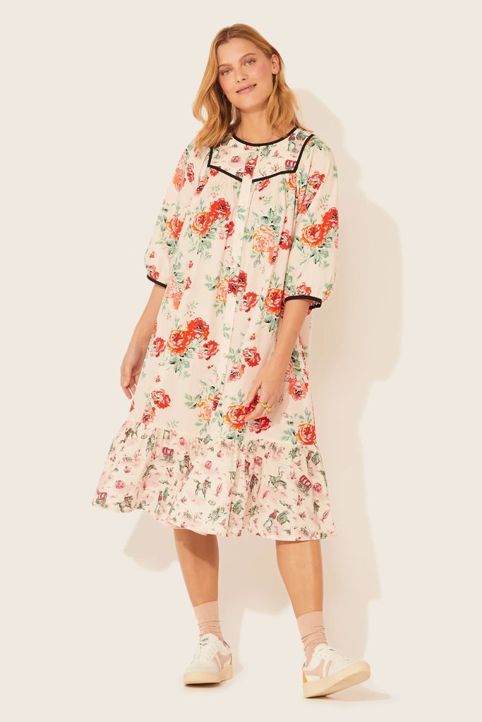 Archive Rose Button-Through Cotton Dress in Cream, XS