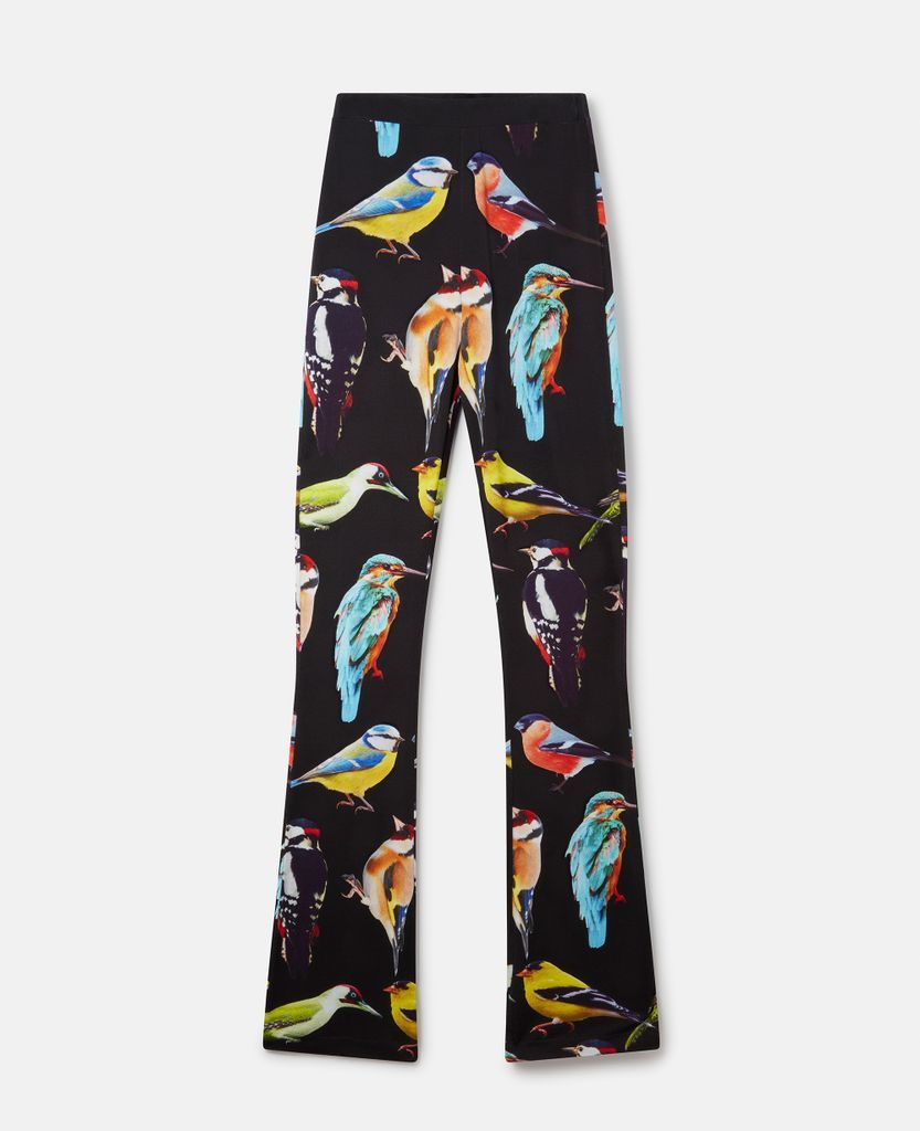 Bird Print Stretch Flared Trousers, Woman, Black/Grey, Size: 38